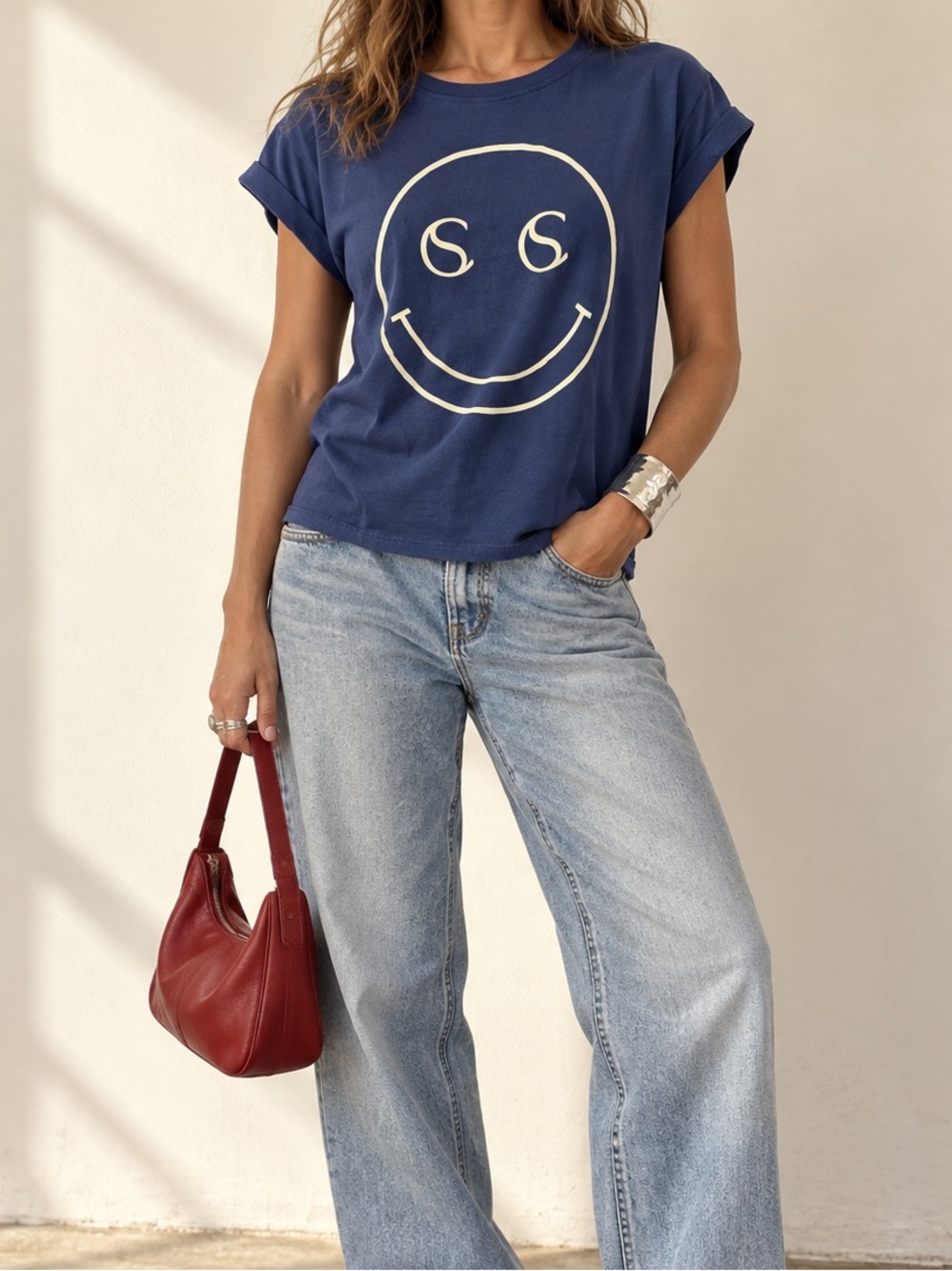 Anthropologie Self Contrast Smiley Face Graphic Tee Navy Blue Small Cap Sleeve